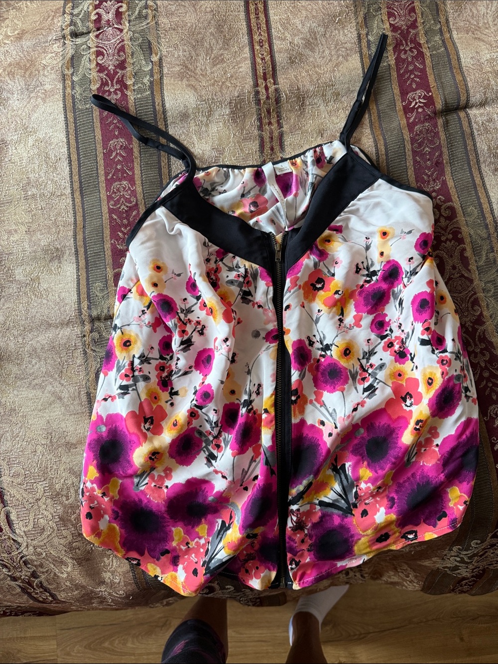 Floral Zip-Front Spaghetti Strap Tank Top - Pink/Yellow/White